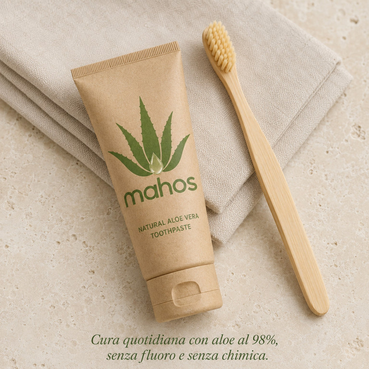 MAHOS dentifricio naturale Aloe Vera con spazzolino in bambù