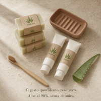 Rituale Bagno MAHOS: saponi artigianali all'aloe vera, portasapone in ceramica majorera, dentifrici e spazzolino in bambù