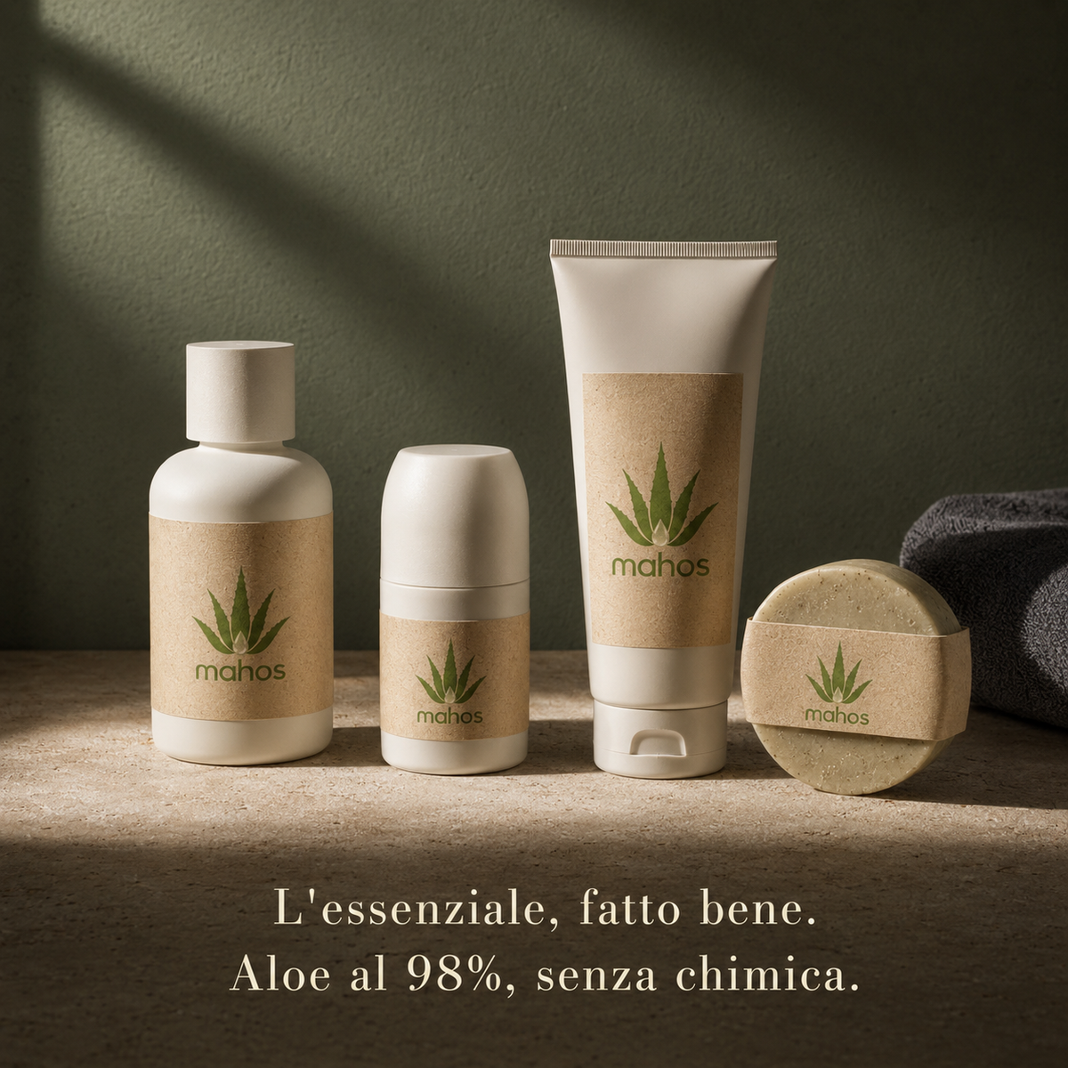 Rituale Uomo MAHOS: dopobarba, deodorante roll-on, gel muscolare e shampoo solido all'aloe vera