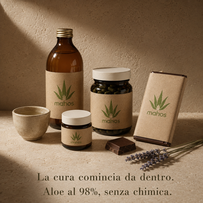 Rituale Benessere MAHOS: succo di aloe vera bio, spirulina in compresse e cioccolato di Fuerteventura